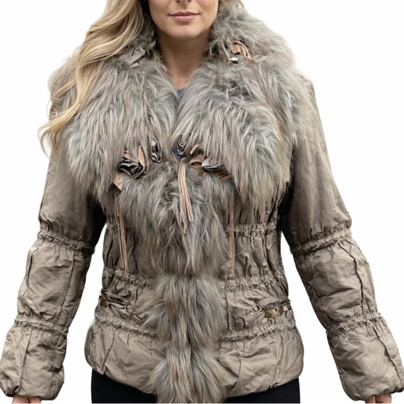 Vera Pelle Jackets & Blazers - Italian Women's Real Fur Trimmed Jacket with Chain Accents